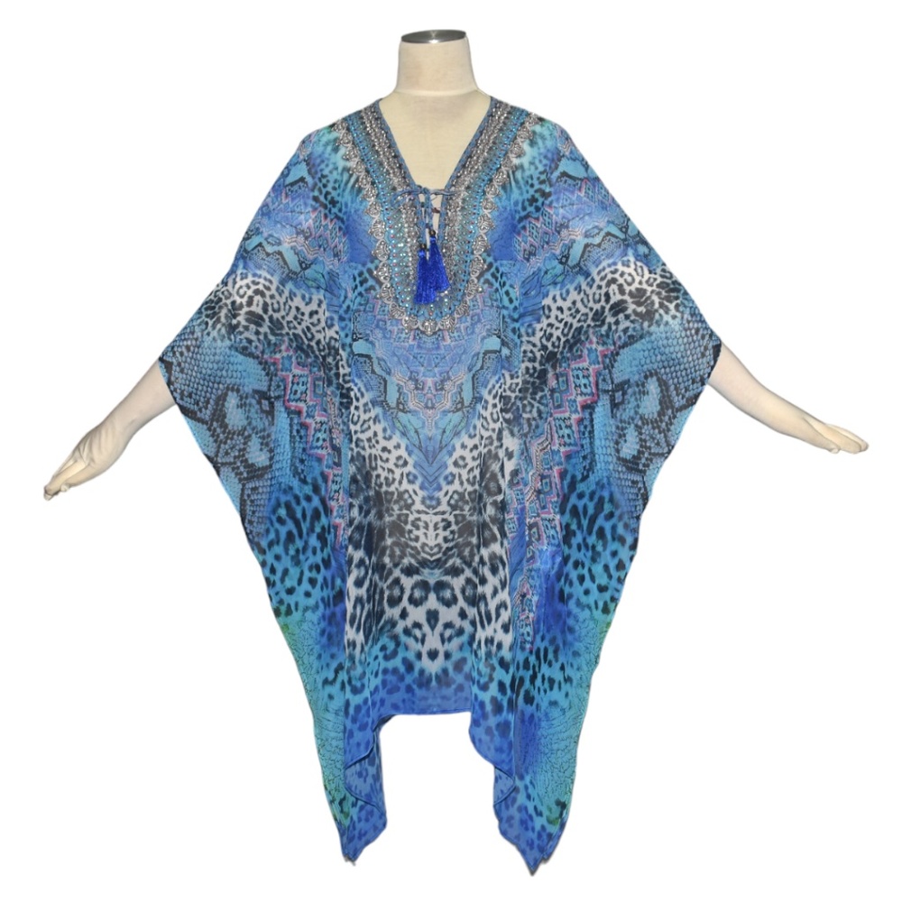 La Moda True Colours Caftan Swim Cover Up Tassel Ties Rhinestones OS